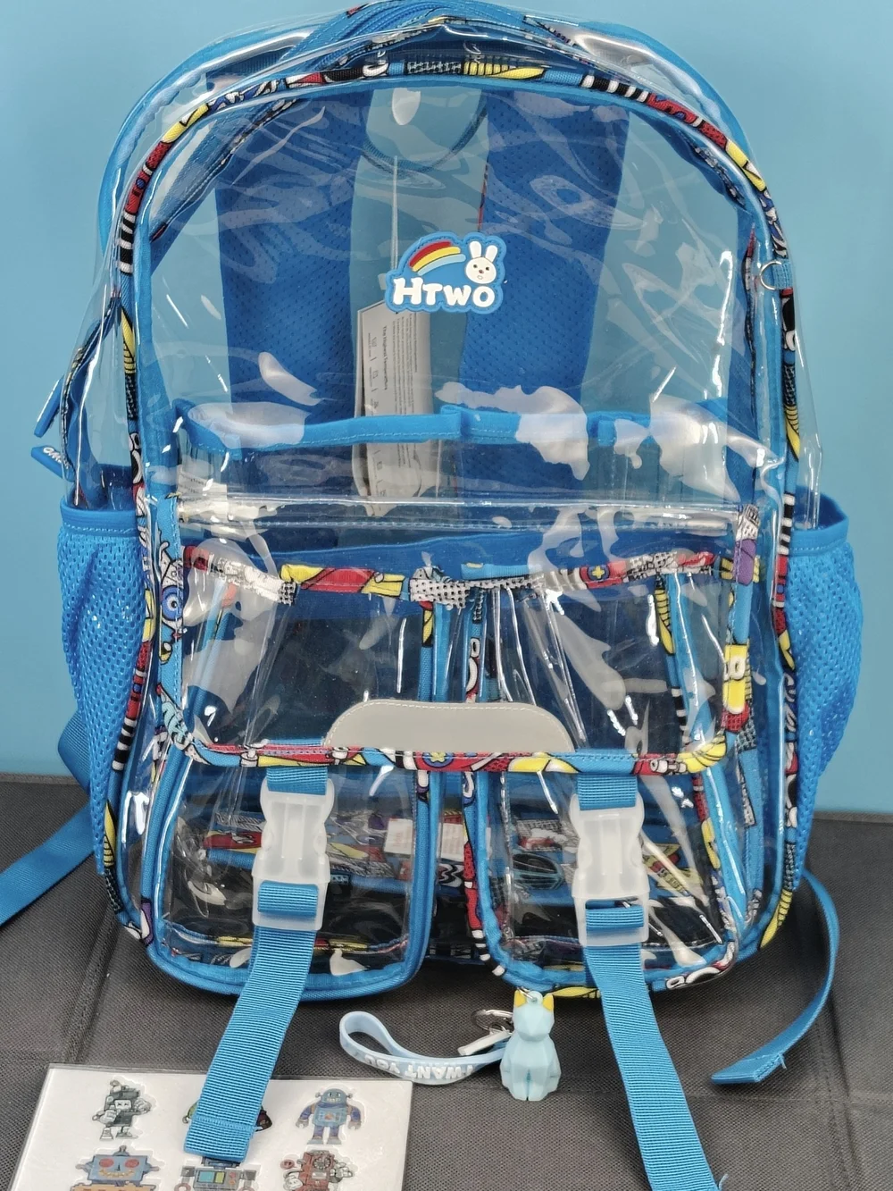Kids Clear Blue Backpack with Cartoon Trim and Front Buckles